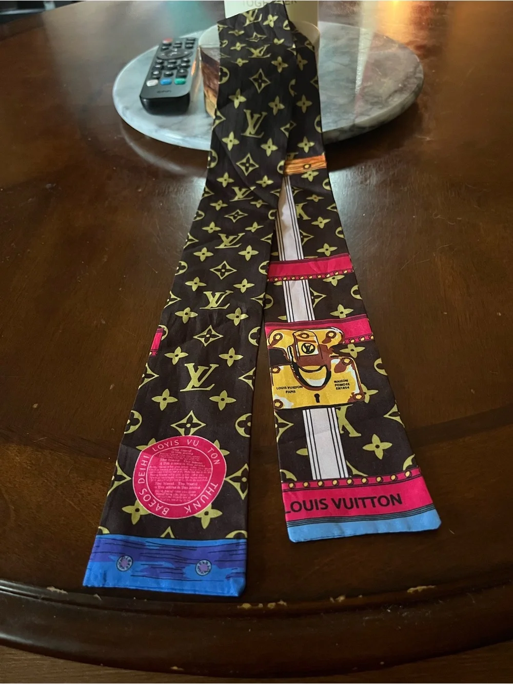 Louis Vuitton Brown Silk Twilly with Pink & Blue Trim